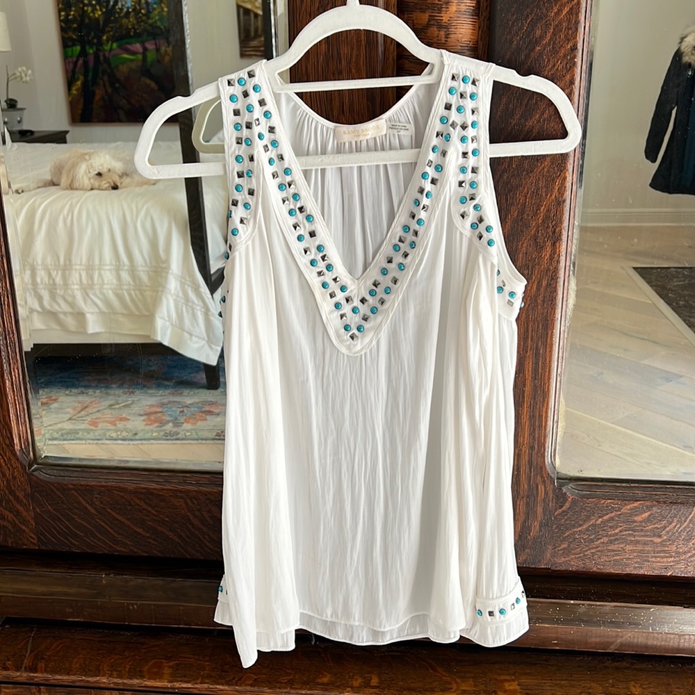Ramy Brook white silk cold shoulder top with turquoise embellishments